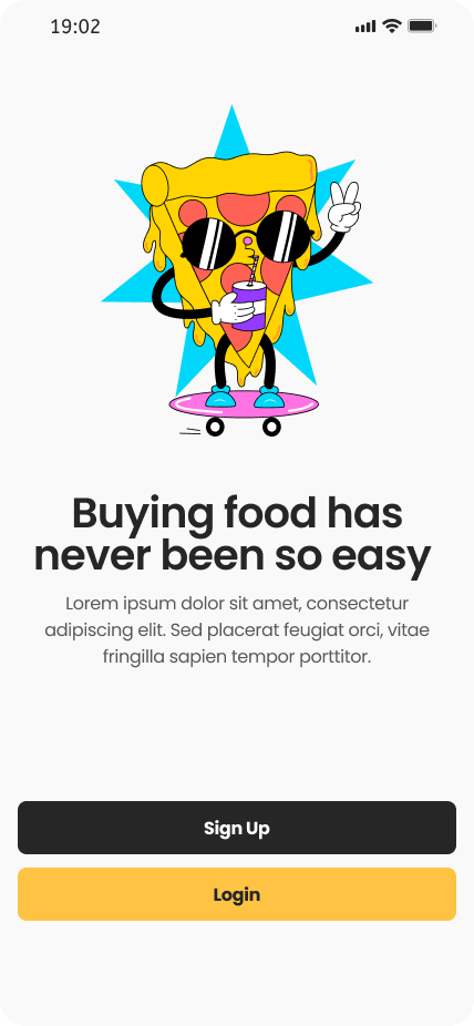 Tela de abertura do app de delivery com ilustração de uma fatia de pizza de skate e os botões Sign Up e Login