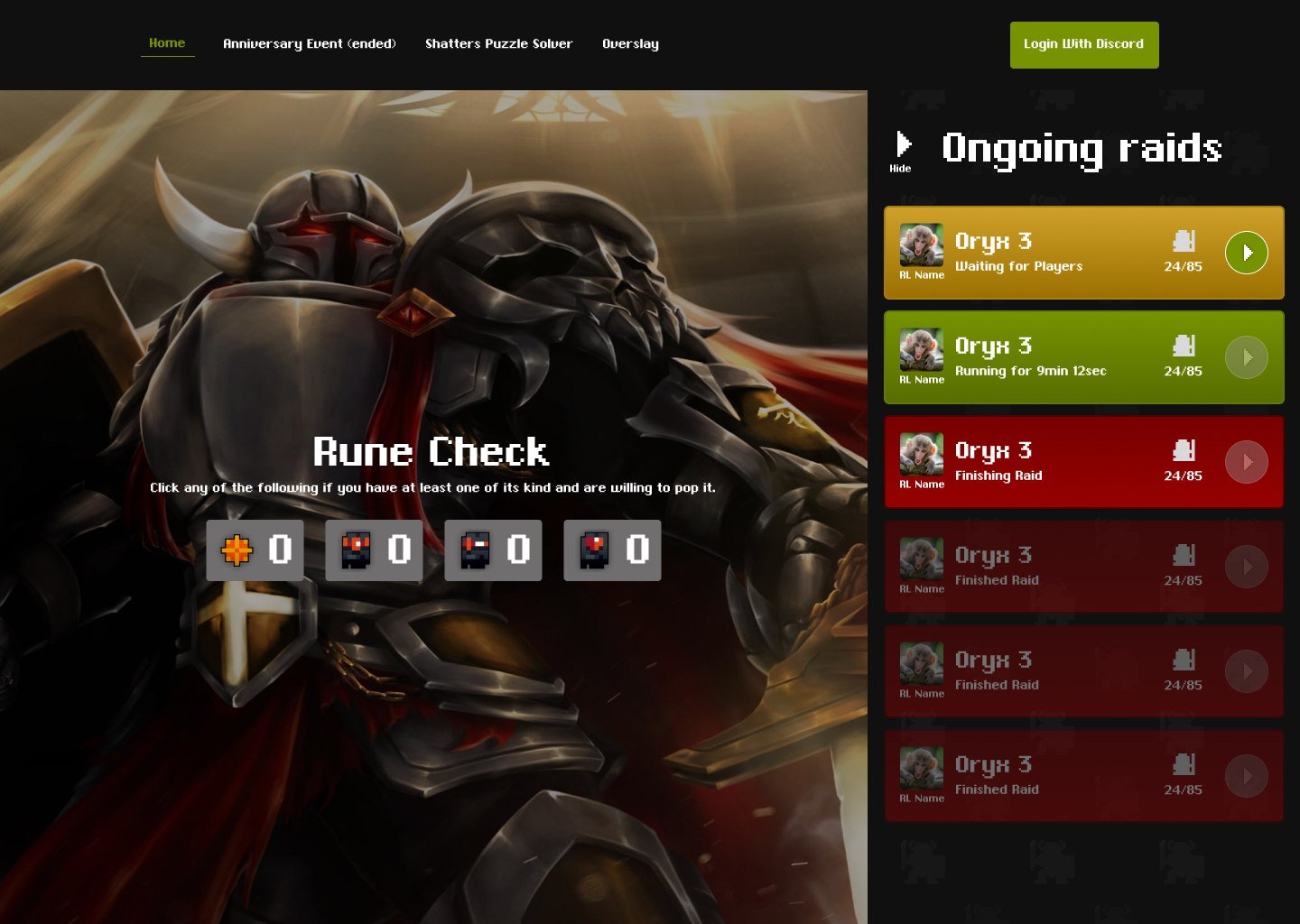 Página com o painel de raids em andamento aberto, listando cada raid com estado e número de vagas