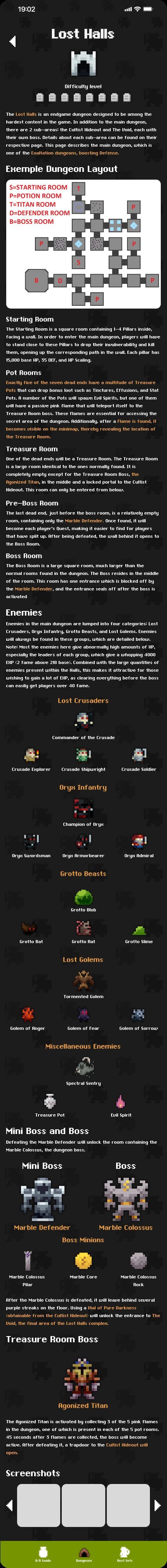 Página de guia do Lost Halls no celular: título, indicador de dificuldade, texto de introdução, mapa de exemplo da dungeon com legenda de salas e seções explicando cada sala