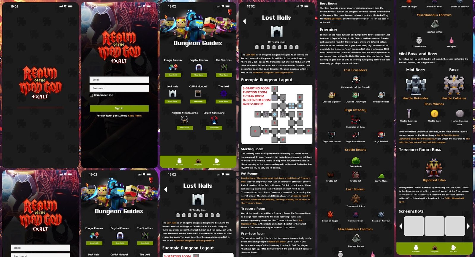 Conjunto de telas do aplicativo: abertura com o logotipo, login, índice de guias de dungeon com sprites do jogo e a página de guia do Lost Halls