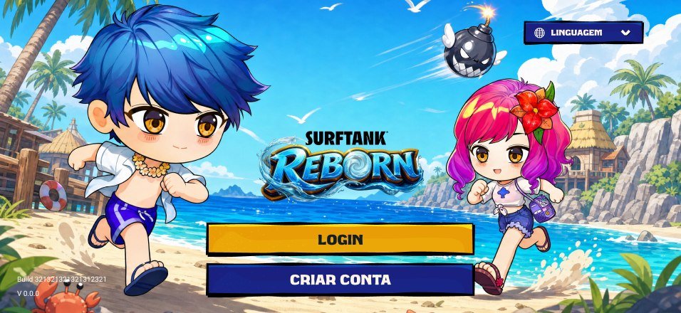 Tela de criação de conta do Surftank, no mesmo painel azul sobre o cenário do jogo