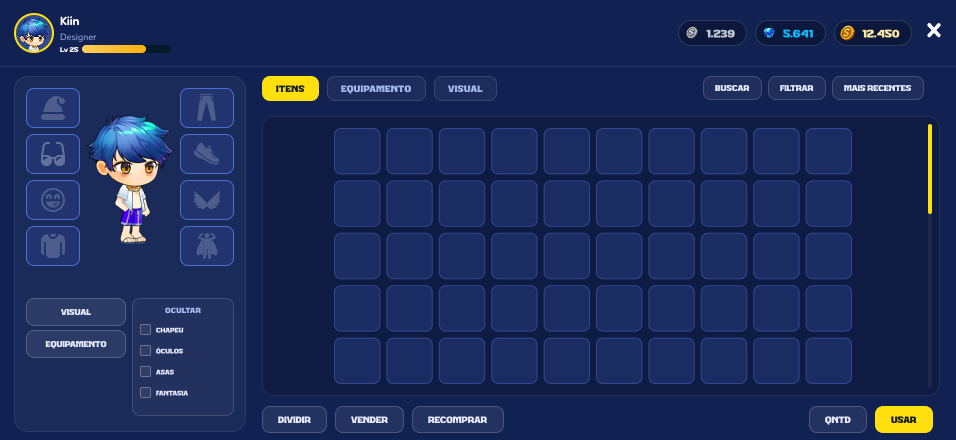 Tela da mochila: avatar do personagem com slots de equipamento à esquerda, abas de itens, equipamento e visual, grade de espaços vazios e ações de dividir, vender, recomprar e usar