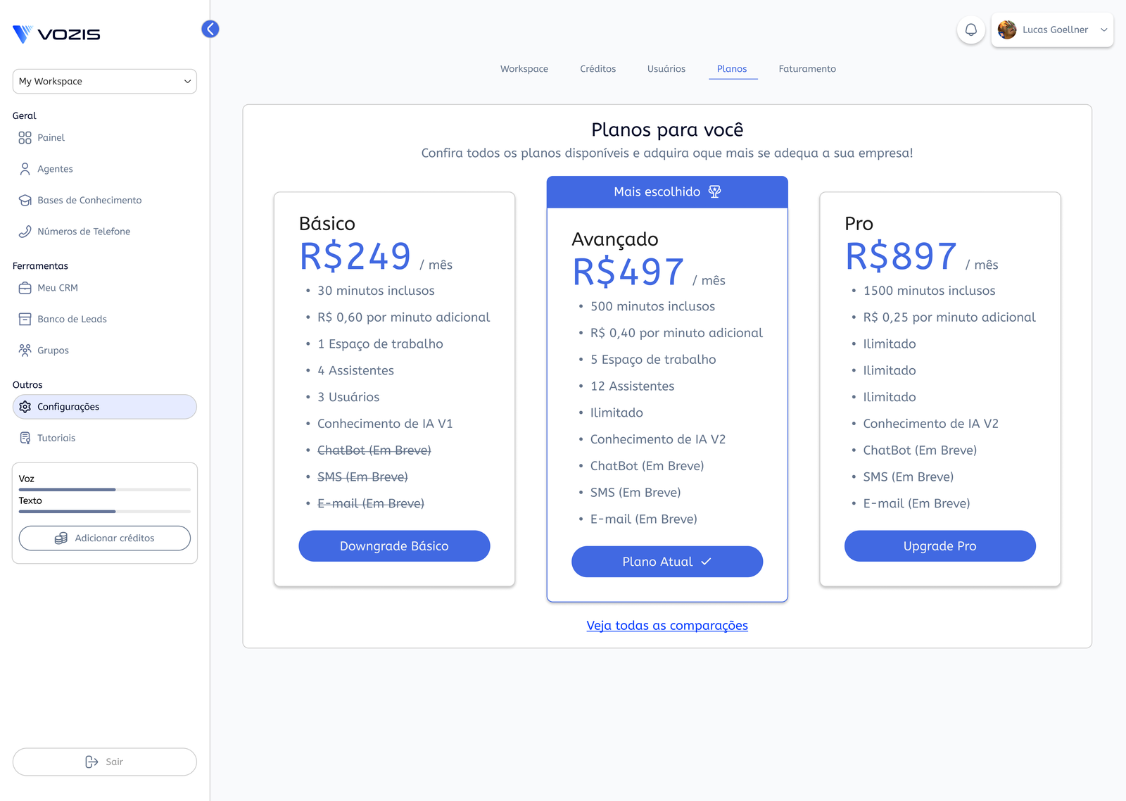 Tela de configurações de planos da Vozis
