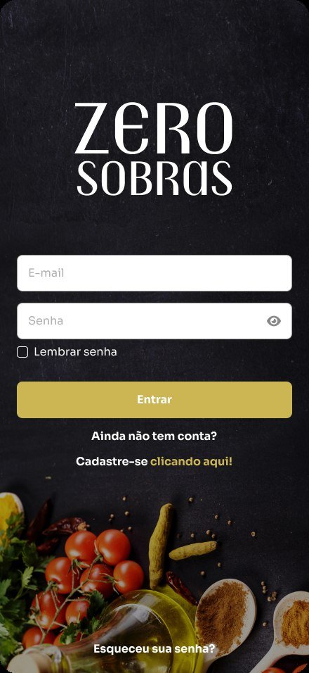 Tela de login do Zero Sobras: logotipo em serifa branca sobre fotografia escura de temperos e legumes, campos de e-mail e senha, botão Entrar em amarelo-mostarda